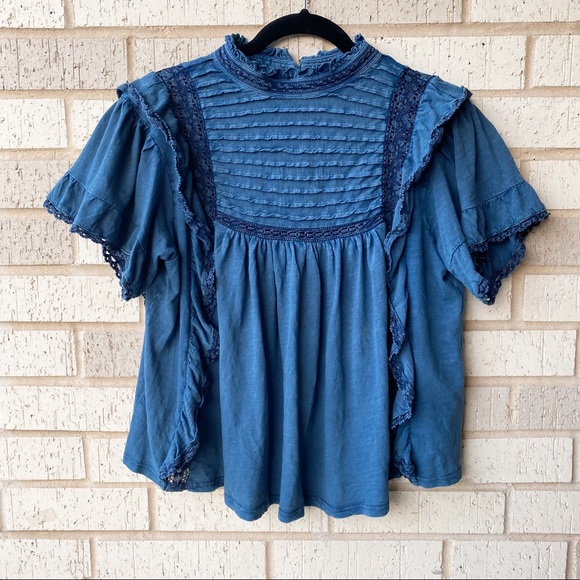 Free People Tops - *SOLD* Free People Blue Ruffle Mock Neck Blouse